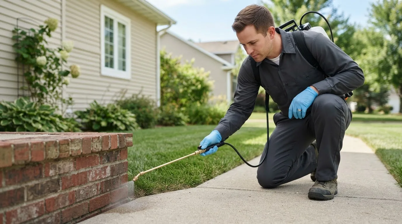 Pest control technician treating a home near Broadway, NC